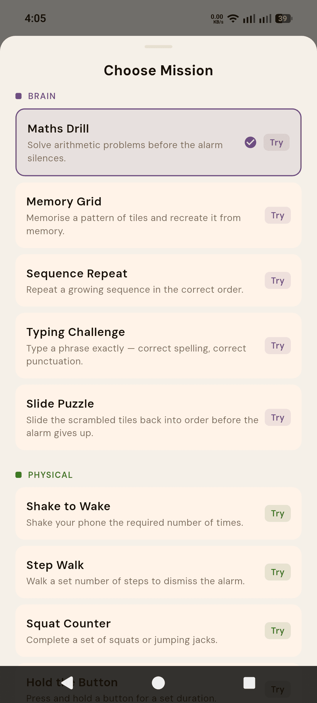 Alarmor Choose Mission screen listing Brain missions — Maths Drill selected, Memory Grid, Sequence Repeat, Typing Challenge, Slide Puzzle — each with a Try button