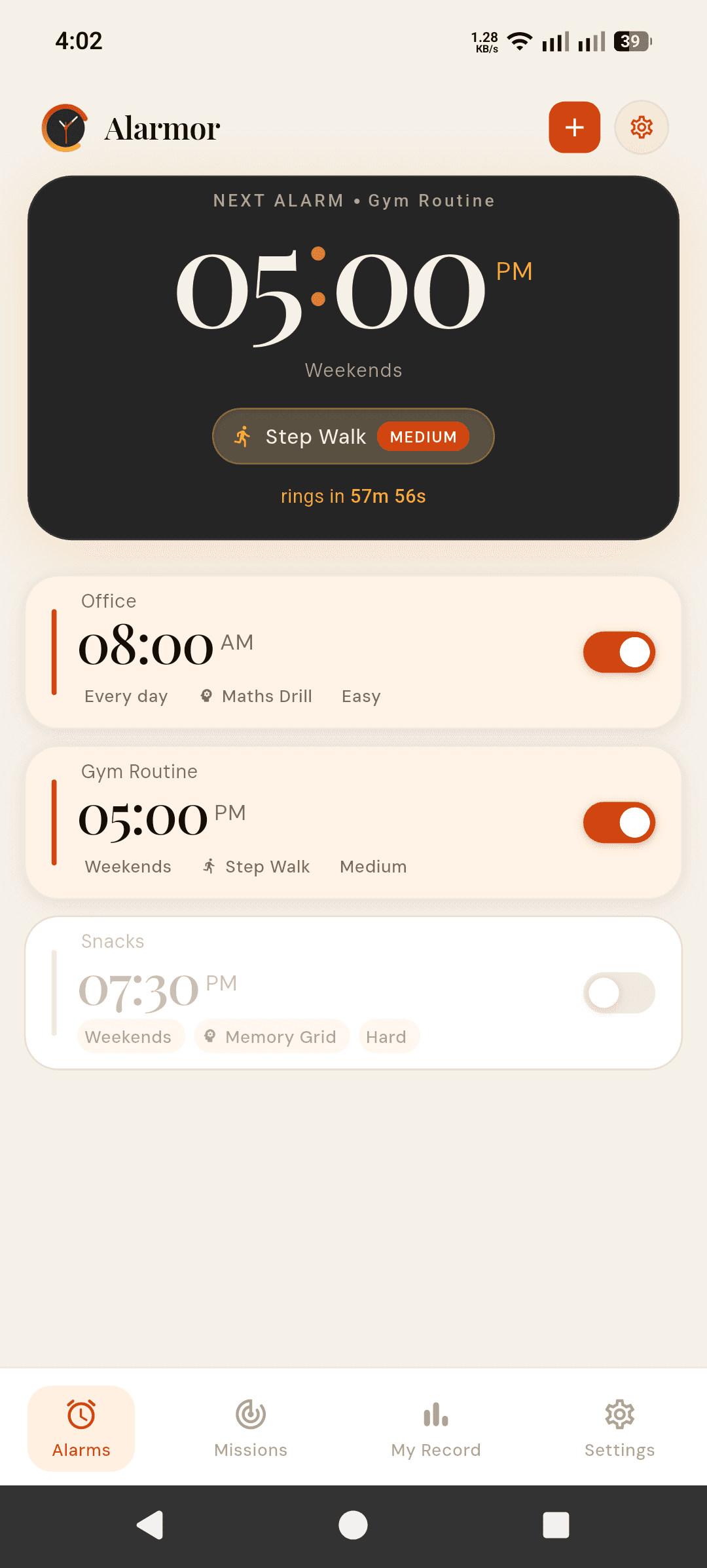 Alarmor Alarms screen with the next alarm at 5:00 PM set to the Step Walk mission on Medium, plus alarms using Maths Drill and Memory Grid
