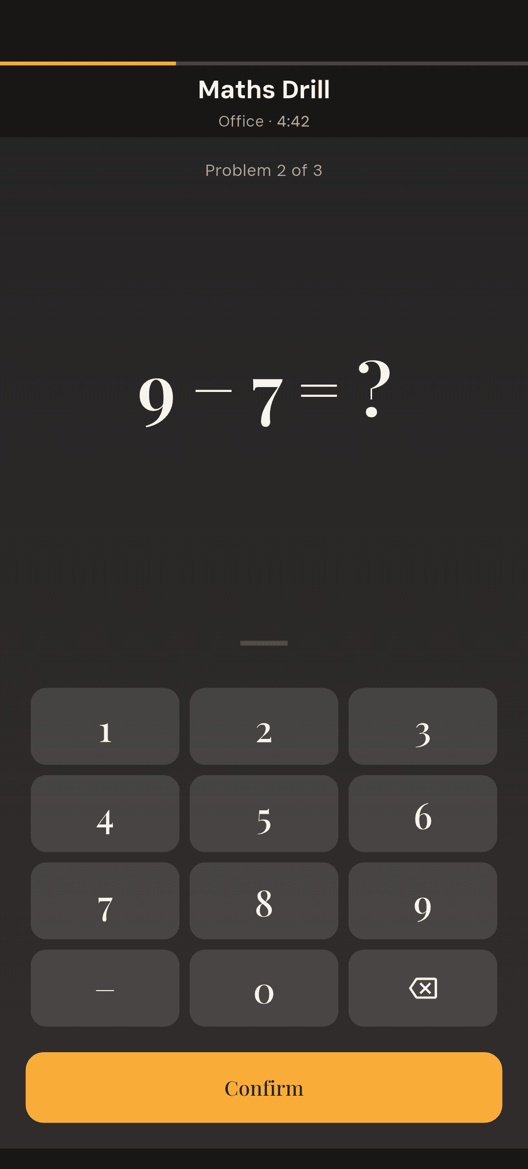 Alarmor math alarm on Easy difficulty showing the problem 9 − 7 = ? above a number pad, problem 2 of 3
