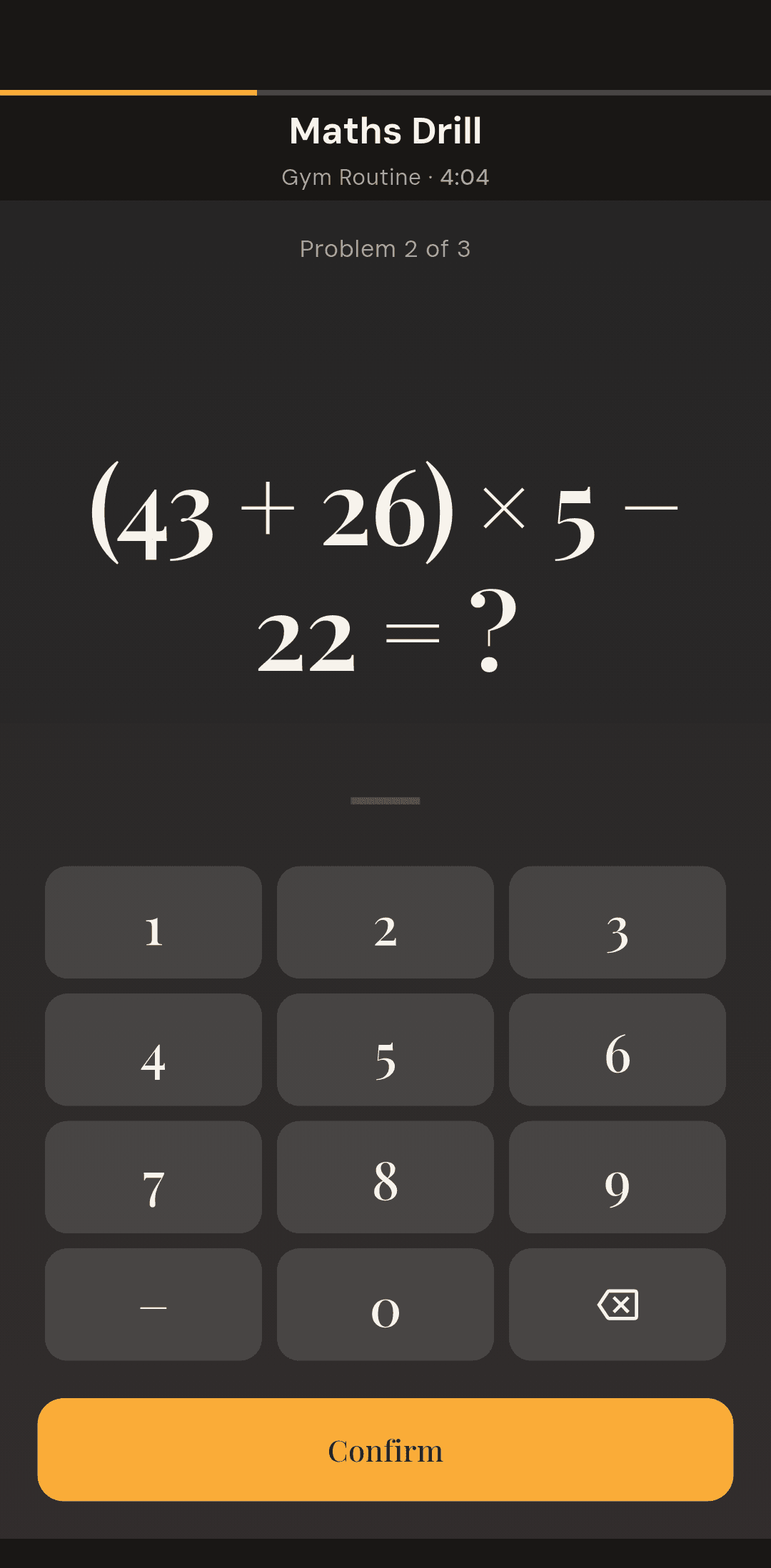 Alarmor math alarm on Hard difficulty showing the three-step problem (43 + 26) × 5 − 22 = ? above a number pad