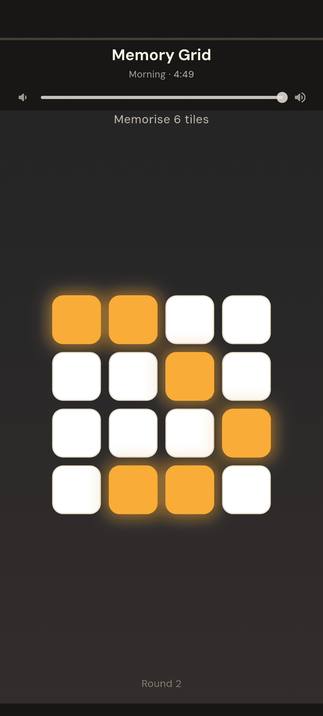 Alarmor Memory Grid alarm on Hard: "Memorise 6 tiles" with six orange tiles lit on a 4×4 grid, Round 2