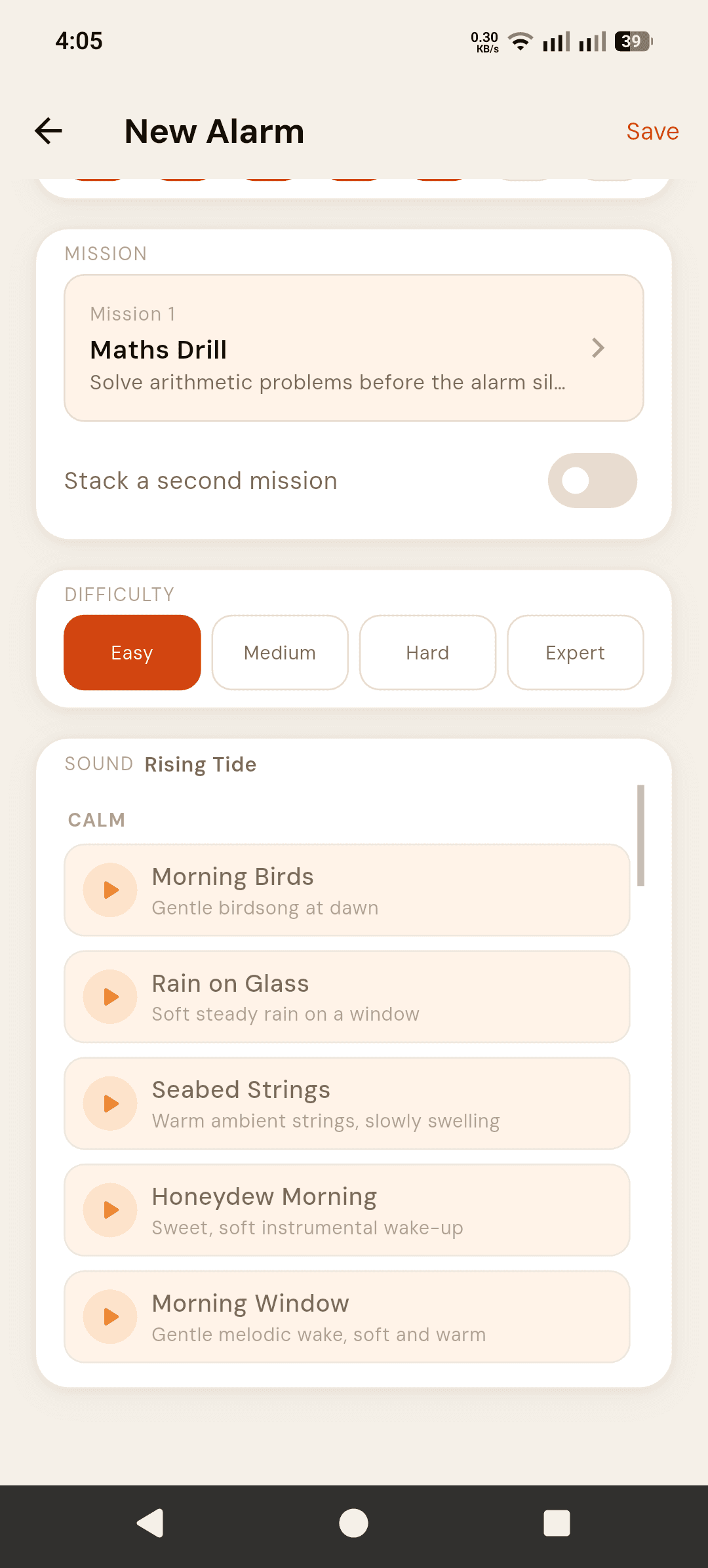 Alarmor New Alarm screen with Maths Drill as the mission and the difficulty options Easy, Medium, Hard and Expert