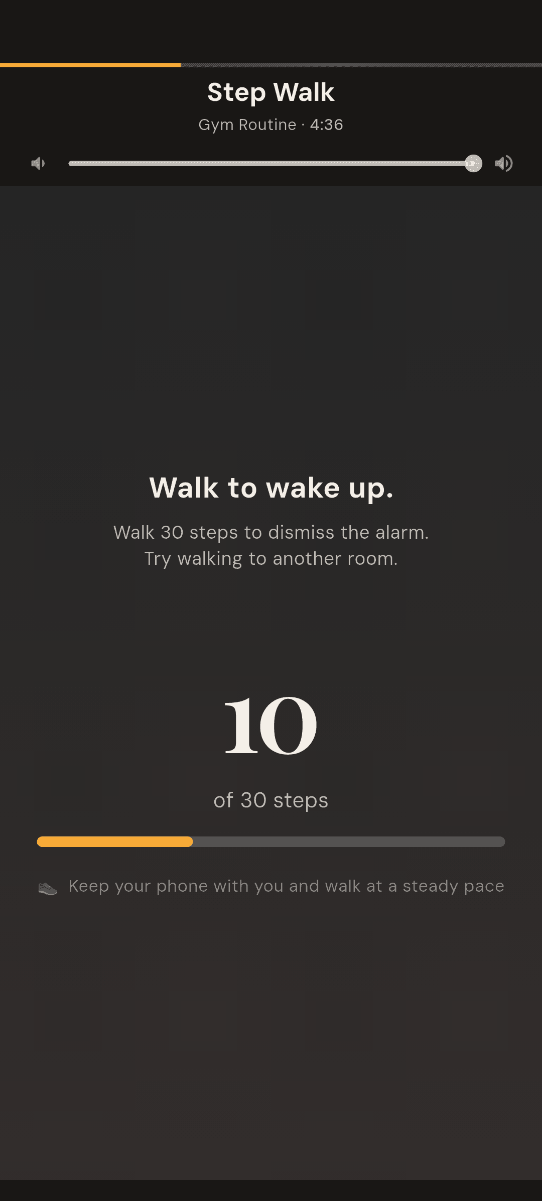 Alarmor Step Walk alarm mission: "Walk to wake up. Walk 30 steps to dismiss the alarm. Try walking to another room." with a counter showing 10 of 30 steps