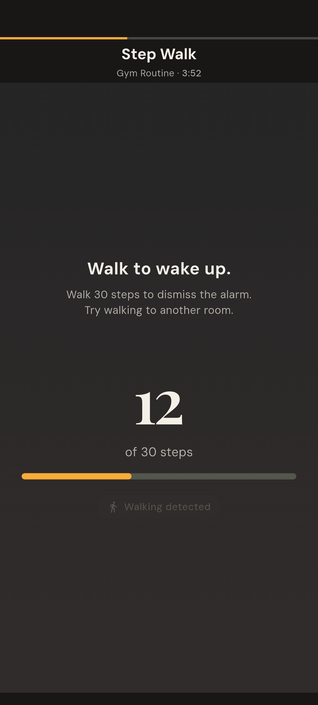 Alarmor Step Walk mission showing 12 of 30 steps and a green "Walking detected" indicator
