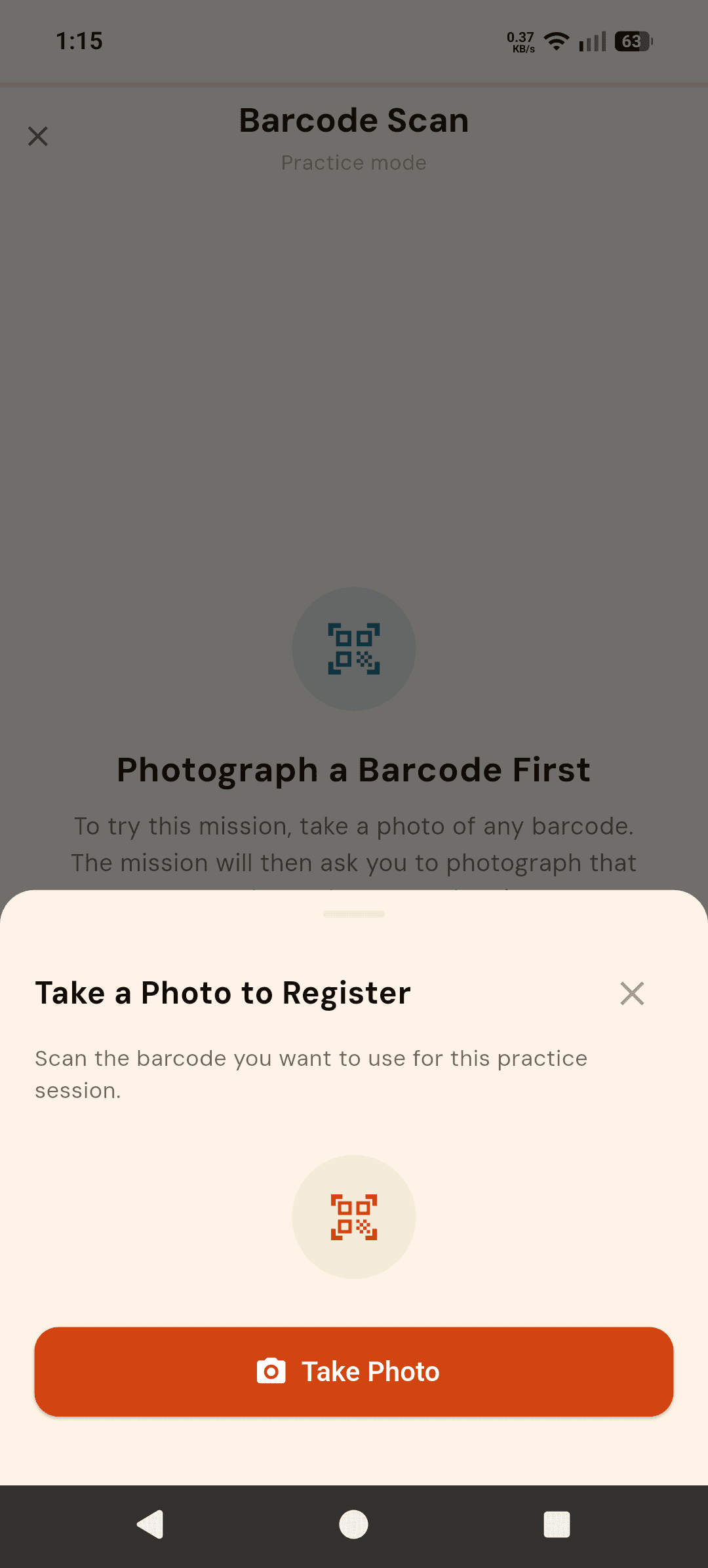 Alarmor Barcode Scan mission setup: "Take a Photo to Register — Scan the barcode you want to use" with a Take Photo button