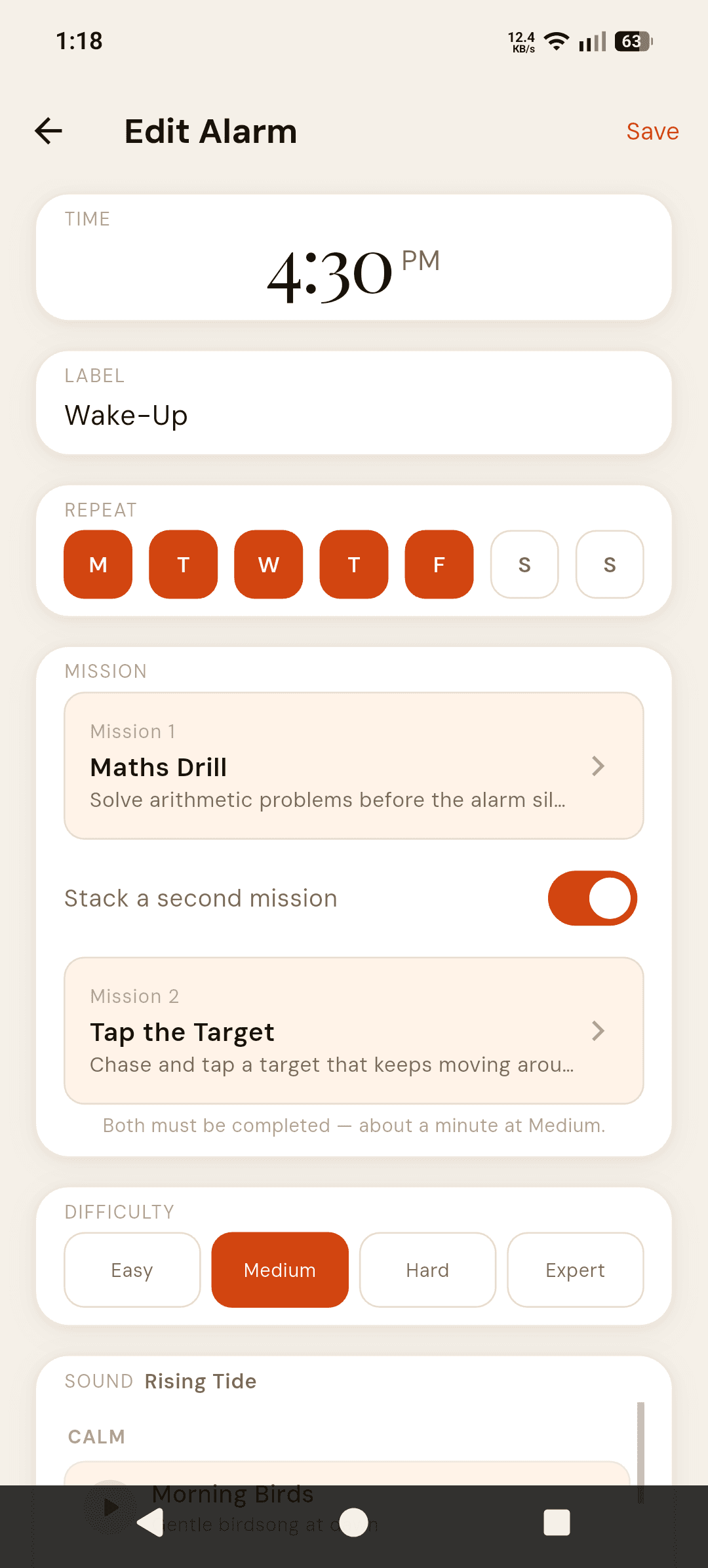 Alarmor Edit Alarm screen with "Stack a second mission" switched on: Mission 1 Maths Drill, Mission 2 Tap the Target, note "Both must be completed — about a minute at Medium"