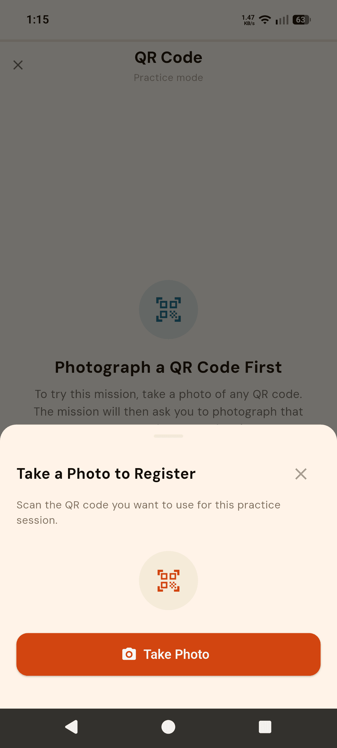Alarmor QR Code mission setup: "Take a Photo to Register — Scan the QR code you want to use" with a Take Photo button
