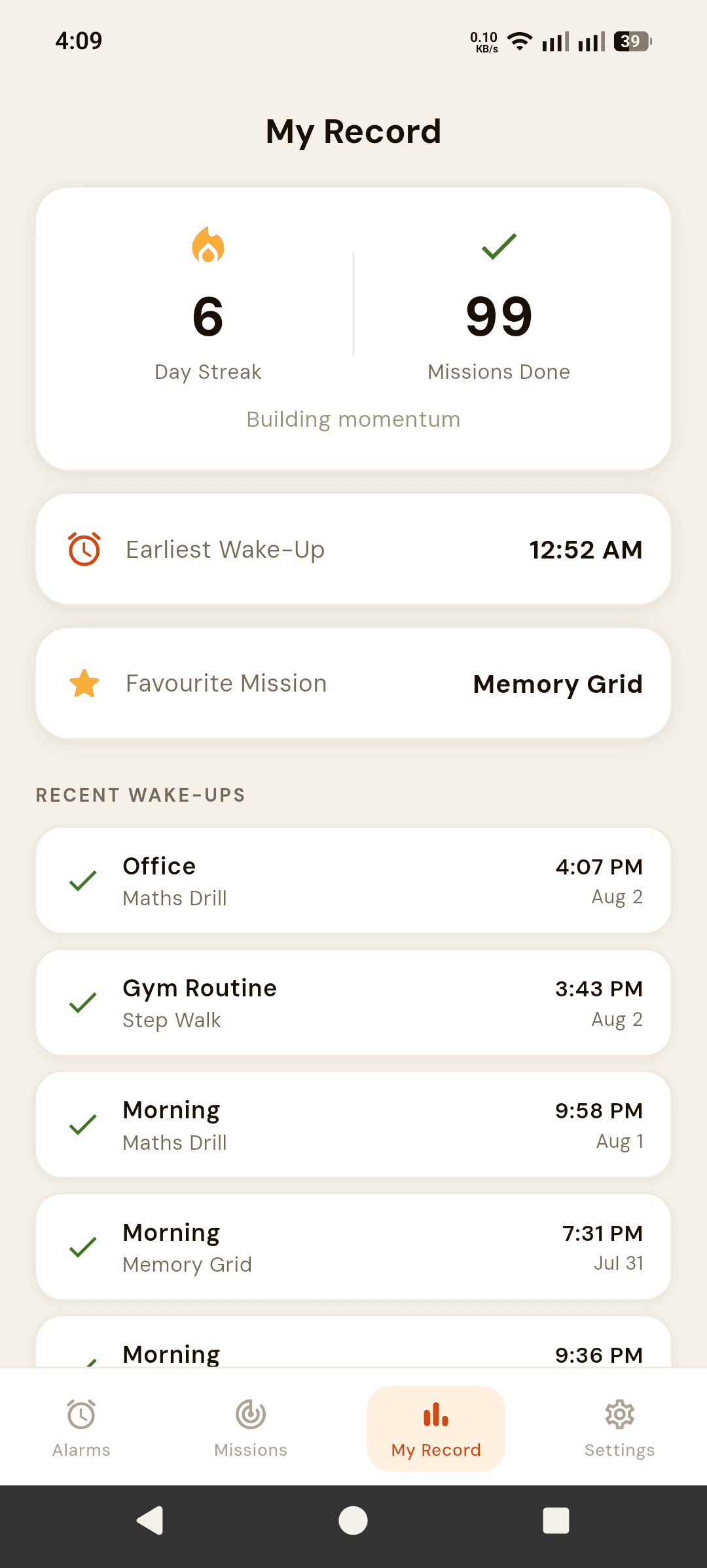 Alarmor My Record screen showing a 6 day streak, 99 missions done, earliest wake-up 12:52 AM, favourite mission Memory Grid, and a list of recent wake-ups