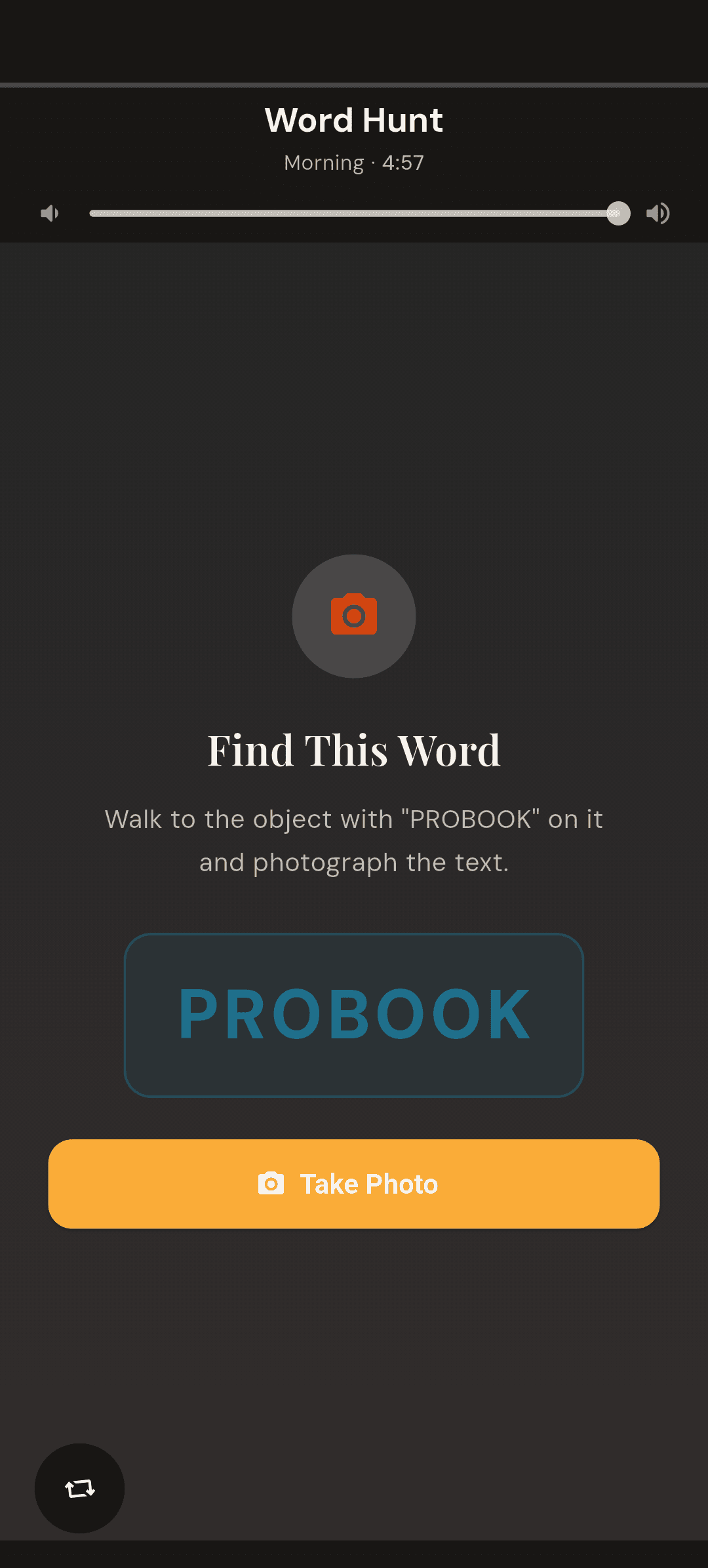 Alarmor Word Hunt alarm mission: "Find This Word — Walk to the object with the word on it and photograph the text" with a Take Photo button
